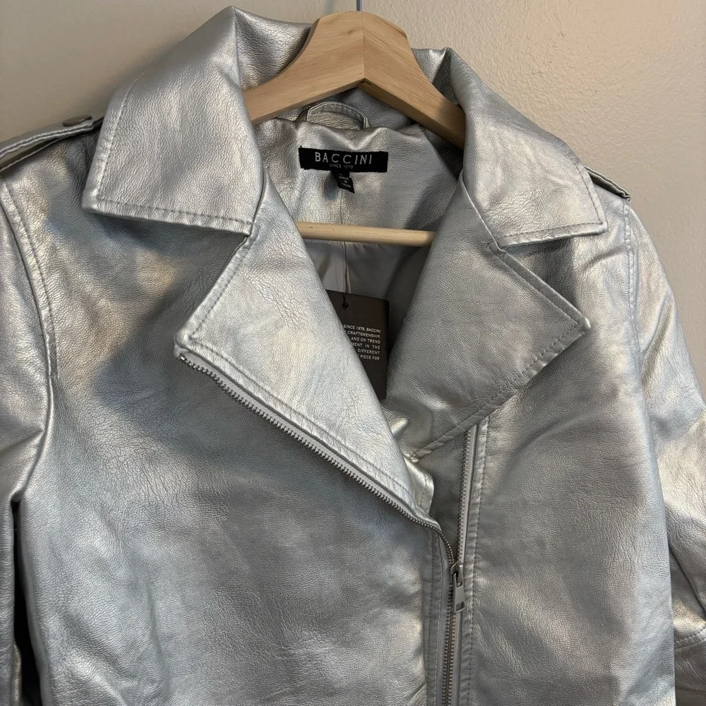 Baccini Women's Metallic Silver Leather Jacket - Picture 2 of 10